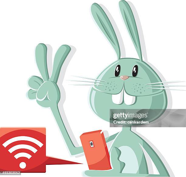 stockillustraties, clipart, cartoons en iconen met vector rabbit and his wi-fi phone.. - konijn