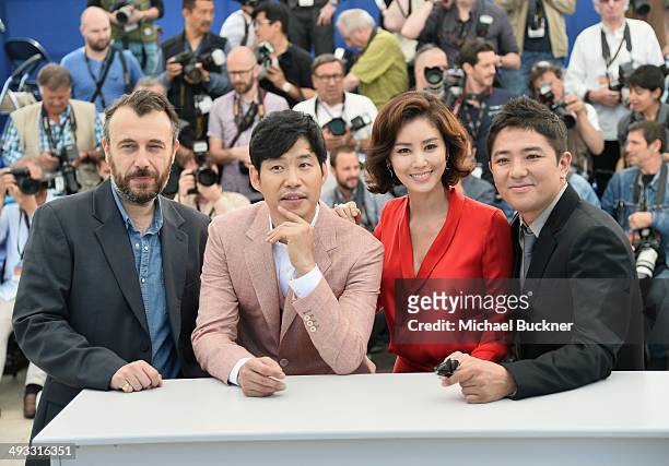 Director of photography Fred Cavaye, actors Yu Jun-Sang, Kim Sun Ruoungl and director Chang attend the "Pyo Jeok" Photocall during the 67th Annual...