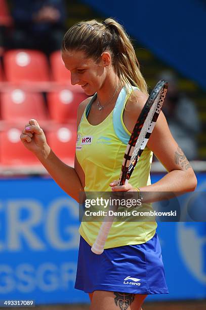 Karolina Pliskova of Czech Republic celebrates winning against Elina Svitolina of Ukraine during Day 7 of the Nuernberger Versicherungscup on May 23,...