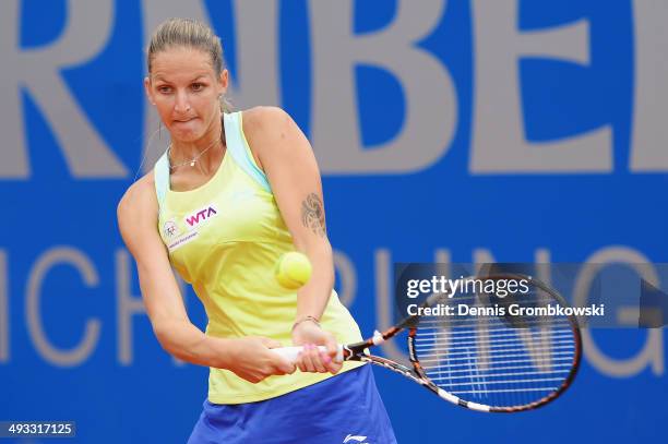 Karolina Pliskova of Czech Republic plays a backhand during her match against Elina Svitolina of Ukraine during Day 7 of the Nuernberger...