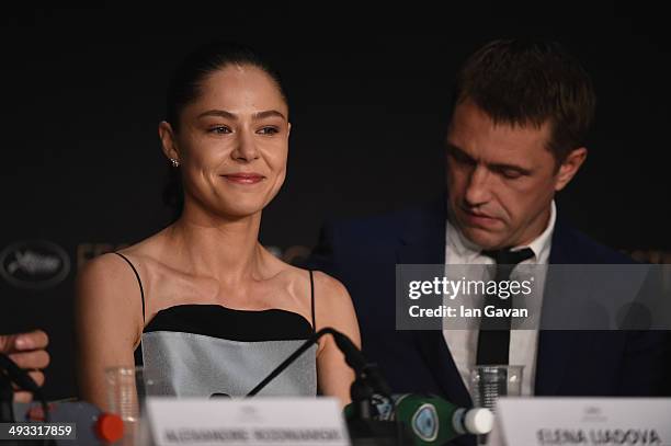 Actors Yelena Lyadova and Vladimir Vdovichenkov attend the "Leviathan" press conference at the 67th Annual Cannes Film Festival on May 23, 2014 in...