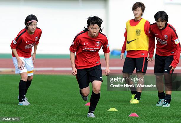 Michi Goto of Urawa Reds Ladies warms up prior to the Nadeshiko League match between Urawa Red Diamonds Ladies and NYV Beleza at Urawa Komaba Stadium...
