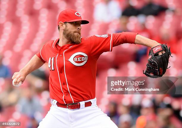 Ryan Mattheus of the Cincinnati Reds pitches during the game against the Chicago Cubs at Great American Ball Park on October 1, 2015 in Cincinnati,...