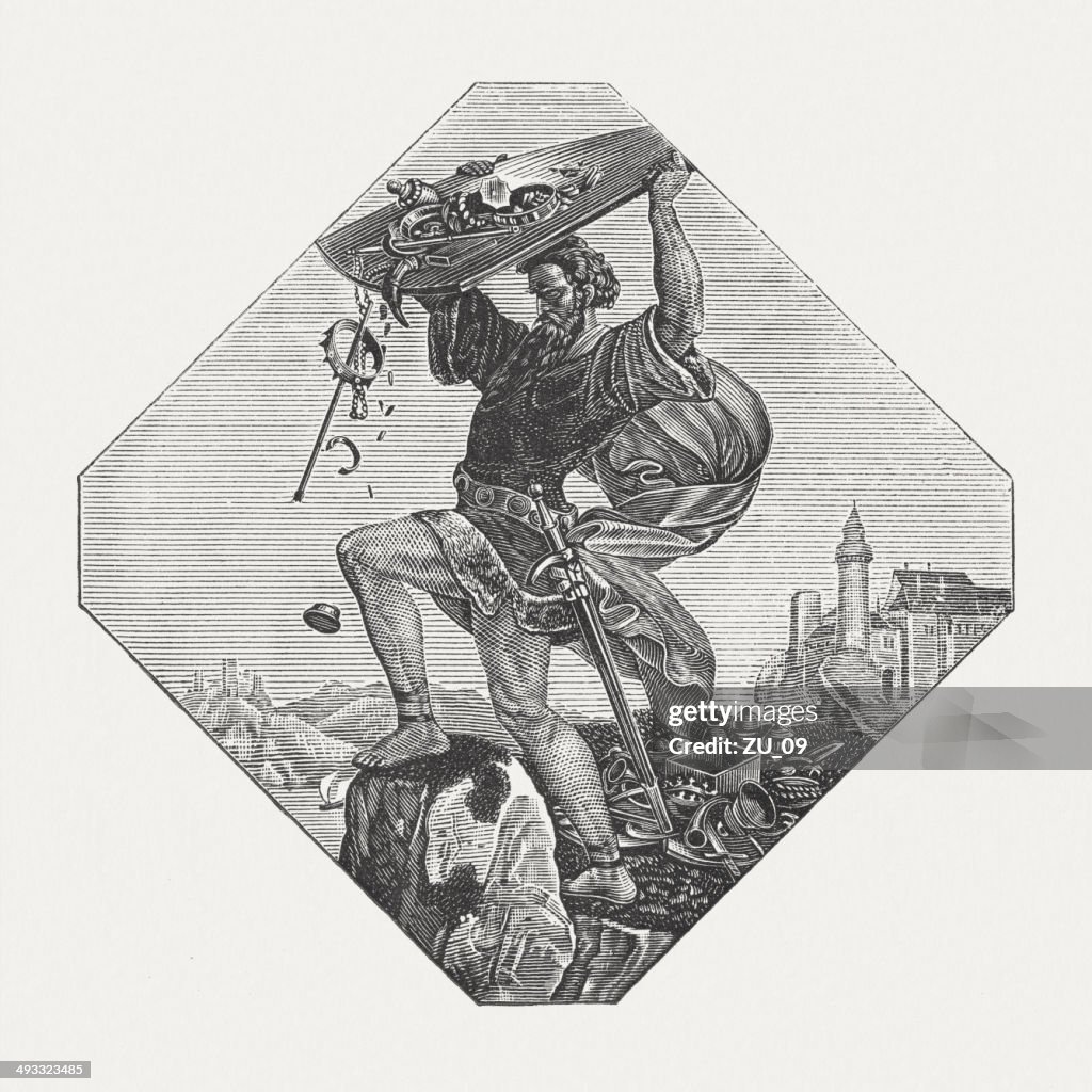 Treasure of the Nibelungen (Rheingold), wood engraving, published in 1881