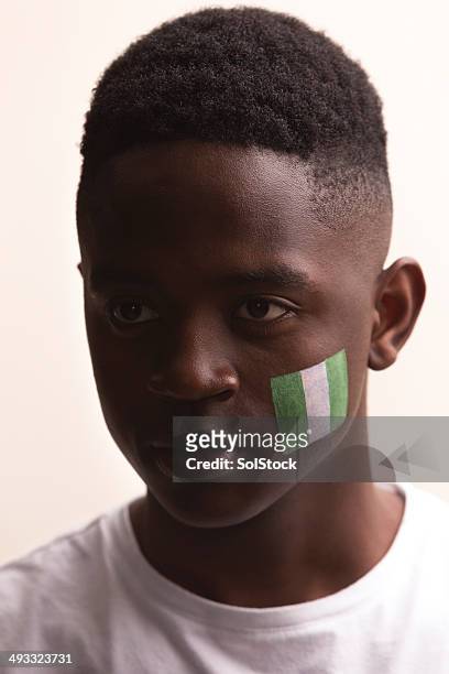 male sports fan with flag painted on face - nigerian flag stock pictures, royalty-free photos & images
