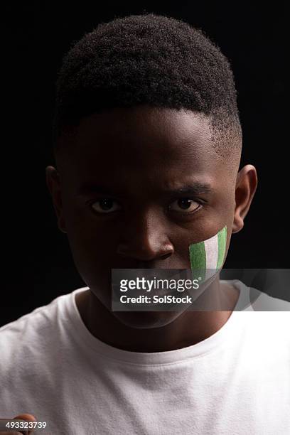 male sports fan with flag painted on face - nigerian flag stock pictures, royalty-free photos & images