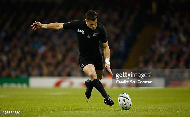 All Blacks fly half Dan Carter kicks at goal during the 2015 Rugby World Cup Quarter Final match between New Zealand and France at Millennium Stadium...