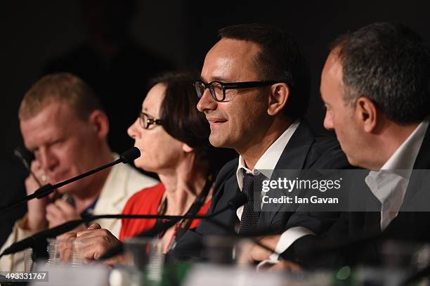 Actor Aleksey Serebryakov, Odile Melnik-Ardin and director Andrey Zvyagintsev attend the "Leviathan" press conference at the 67th Annual Cannes Film...