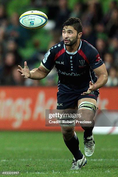 Colby Fainga'a of the Rebels gathers the ball during the round 15 Super Rugby match between the Rebels and the Waratahs at AAMI Park on May 23, 2014...