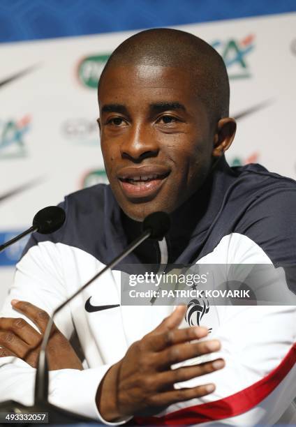 France's midfielder Rio Mavuba speals during a press conference of the French national football team on May 23, 2014 in Clairefontaine-en-Yvelines,...