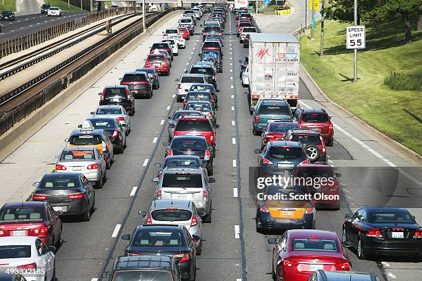 Traffic jams up on the Kennedy Expressway leaving the city for the Memorial Day weekend on May 23, 2014 in Chicago, Illinois. AAA forecasts the...