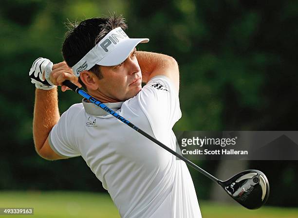 Louis Oosthuizen of South Africa tees off on the 3rd hole during Round Two of the Crowne Plaza Invitational at Colonial on May 23, 2014 at Colonial...