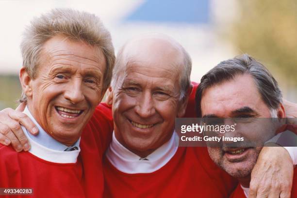 Manchester United football legends Denis Law Bobby Charlton and George Best at the launch of the Sky Sports Gold channel in 1995.