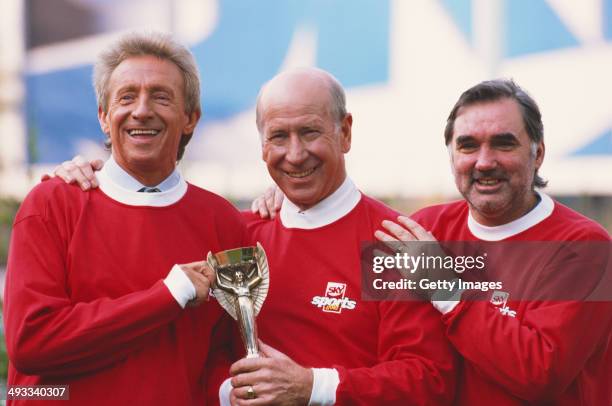 Manchester United football legends Denis Law Bobby Charlton and George Best pictured at the launch of the Sky Sports Gold channel in 1995.