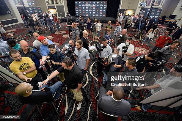 General view of fighters speaking to the media during the UFC 173 Ultimate Media Day at the MGM Grand Garden Arena on May 22, 2014 in Las Vegas,...