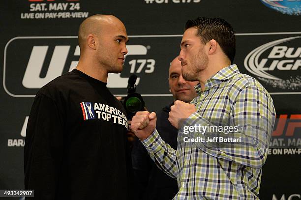 Robbie Lawler and Jake Ellenberger square off for the media during the UFC 173 Ultimate Media Day at the MGM Grand Garden Arena on May 22, 2014 in...