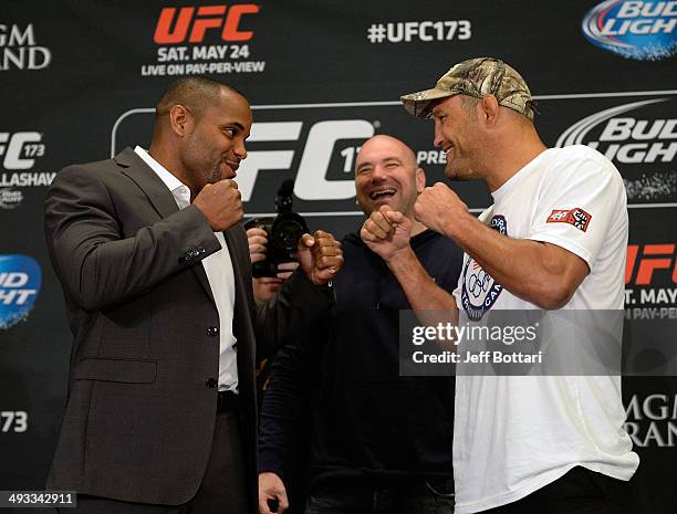 Daniel Cormier and Dan Henderson square off for the media during the UFC 173 Ultimate Media Day at the MGM Grand Garden Arena on May 22, 2014 in Las...