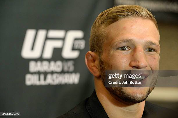 Dillashaw speaks to the media during the UFC 173 Ultimate Media Day at the MGM Grand Garden Arena on May 22, 2014 in Las Vegas, Nevada.