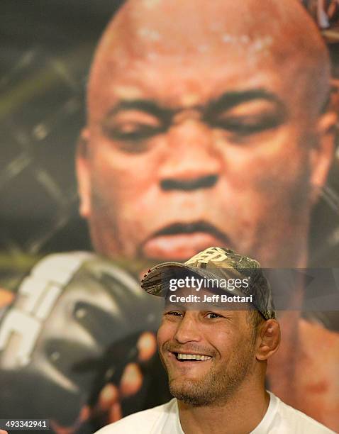 Dan Henderson speaks to the media during the UFC 173 Ultimate Media Day at the MGM Grand Garden Arena on May 22, 2014 in Las Vegas, Nevada.