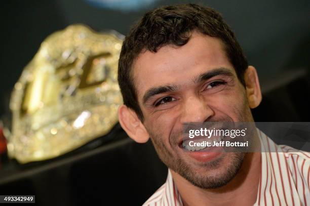 Bantamweight Champion Renan Barao speaks to the media during the UFC 173 Ultimate Media Day at the MGM Grand Garden Arena on May 22, 2014 in Las...