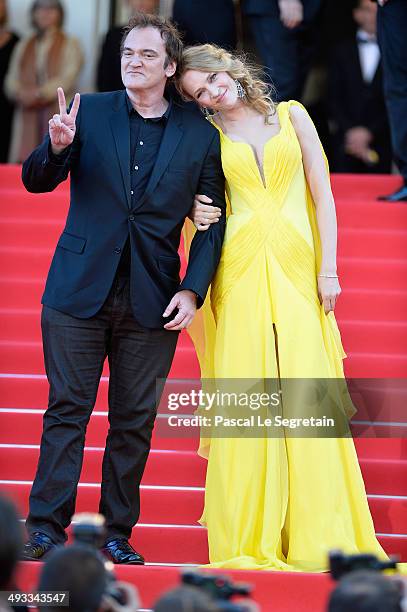 Quentin Tarantino and Uma Thurman attend the "Clouds Of Sils Maria" premiere during the 67th Annual Cannes Film Festival on May 23, 2014 in Cannes,...