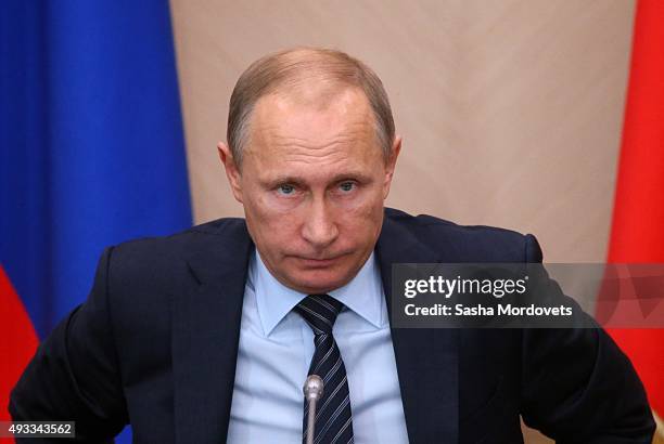 Russian President Vladimir Putin speaks during the State Concil Presidium meeting on fish industry development in Novo Ogaryovo State Residence on...