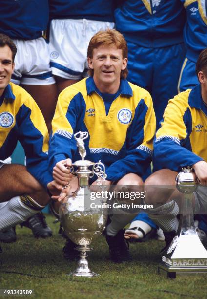 Leeds United captain Gordon Strachan with the Football league Division One trophy for the 1991/92 season at Elland Road on May 2, 1992 in Leeds,...