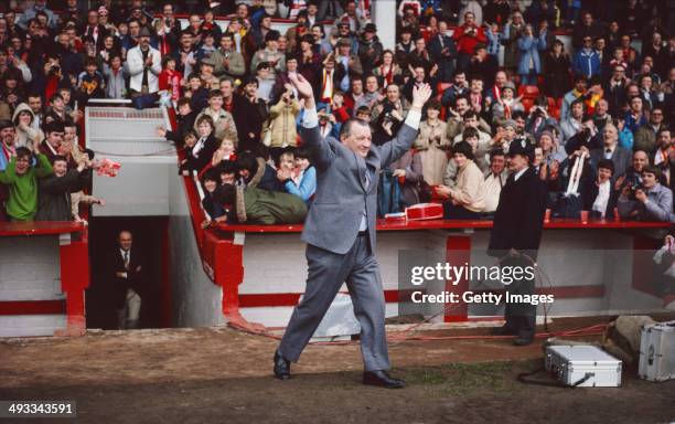 Liverpool manager Bob Paisley salutes the crowd after Liverpool had won the League Championship title in his last season in charge of the club after...