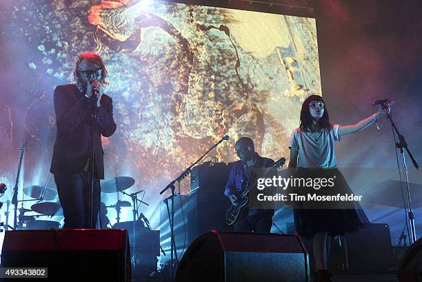 Matt Berninger of The National performs with Lauren Mayberry of Chvrches during the Treasure Island Music Festival on Treasure Island on October 18,...