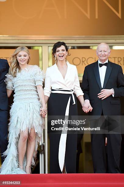 Chloe Grace Moretz, Juliette Binoche and Gilles Jacob attend the "Clouds Of Sils Maria" Premiere during the 67th Annual Cannes Film Festival on May...