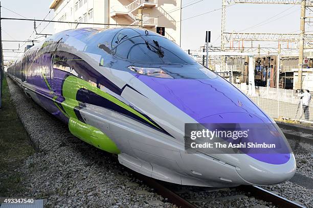 An exterior view of the head coach of the popular animation series 'Neon Genesis Evangelion' themed Shinkansen bullet train '500 Type Eva' is seen at...