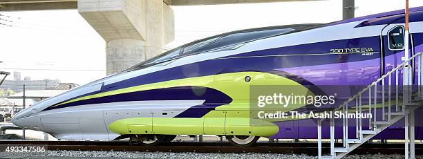 An exterior view of the head coach of the popular animation series 'Neon Genesis Evangelion' themed Shinkansen bullet train '500 Type Eva' is seen at...