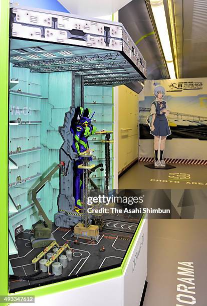 Miniature models are displayed in the head coach of the popular animation series 'Neon Genesis Evangelion' themed Shinkansen bullet train '500 Type...