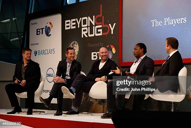 Bob Skinstad, Will Greenwood, Lawerence Dallaglio, Serge Betsen and Dan Nicholl speaking at Beyond Rugby, part of the Beyond Sport Summit & Awards at...