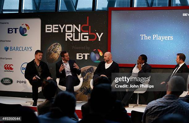 Bob Skinstad, Will Greenwood, Lawerence Dallaglio, Serge Betsen and Dan Nicholl speaking at Beyond Rugby, part of the Beyond Sport Summit & Awards at...