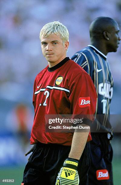 Goalkeeper Kevin Hartman of the Los Angeles Galaxy spys the camera during a game against the Colorado Rapids at the Rose Bowl in Pasadena,...