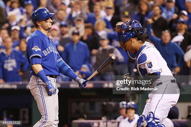 Toronto Blue Jays troy Tulowitzki reacts after striking out in the sixth inning against the Kansas City Royals in Game 1 of MLB's ALCS baseball...