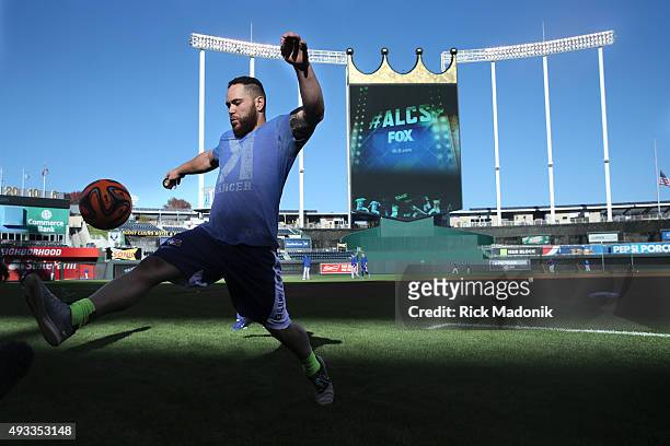 October 16, 2015 - Blue Jays catcher Russell Martin kicks around a soccer ball on the field in Kansas City prior to the start of Game 1 of the ALCS....