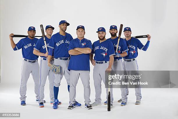 Portrait of Toronto Blue Jays manager John Gibbons with designated hitter Edwin Encarnacion , shortstop Troy Tulowitzki , pitcher David Price ,...