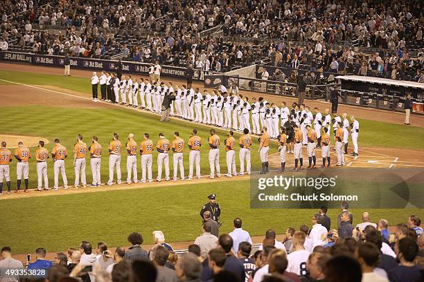 Wild Card Game: Houston Astros players and New York Yankees players lined up during anthem before game at Yankee Stadium. Bronx, NY 10/6/2015 CREDIT:...