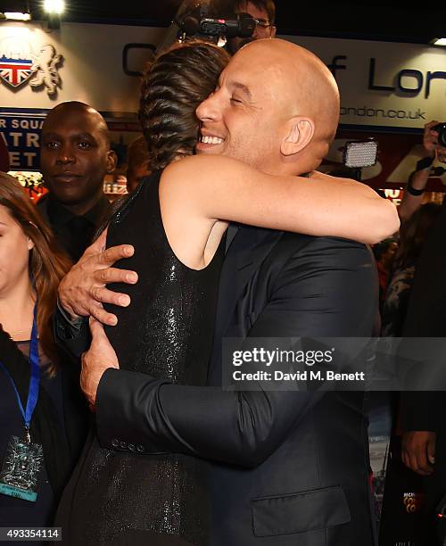 Gal Gadot and Vin Diesel attend the UK Premiere of "The Last Witch Hunter" at Empire Leicester Square on October 19, 2015 in London, England.