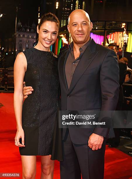 Gal Gadot and Vin Diesel attend the UK Premiere of "The Last Witch Hunter" at Empire Leicester Square on October 19, 2015 in London, England.