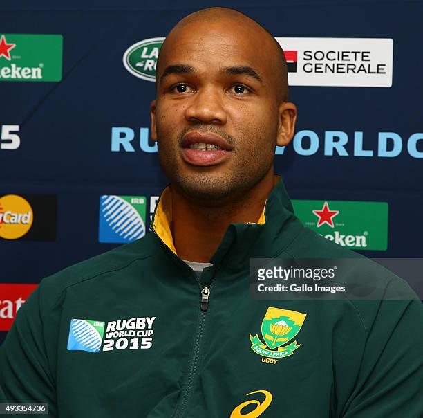 Pietersen during the South African national rugby team media briefing at Radisson Blu Edwardian, Guildford on October 19, 2015 in London, England.