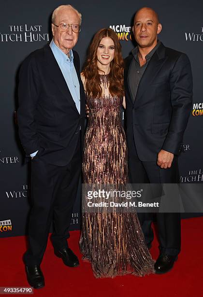 Sir Michael Caine, Rose Leslie and Vin Diesel attend the UK Premiere of "The Last Witch Hunter" at Empire Leicester Square on October 19, 2015 in...