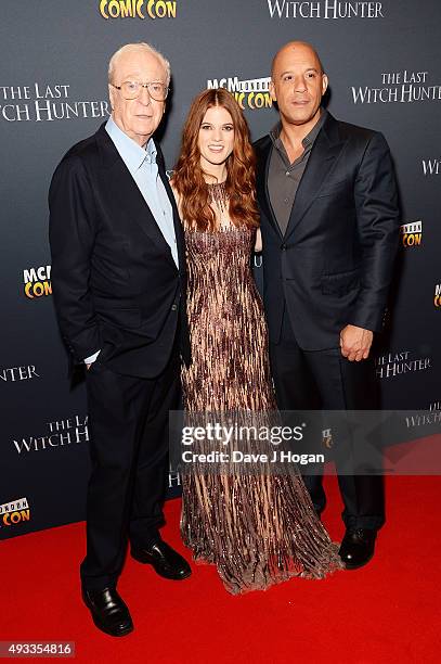 Sir Michael Caine, Rose Leslie and Vin Diesel attend the UK Premiere of "The Last Witch Hunter" at Empire Leicester Square on October 19, 2015 in...