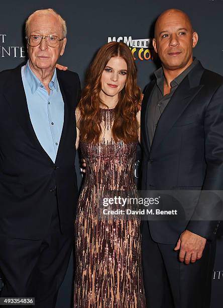 Sir Michael Caine, Rose Leslie and Vin Diesel attend the UK Premiere of "The Last Witch Hunter" at Empire Leicester Square on October 19, 2015 in...