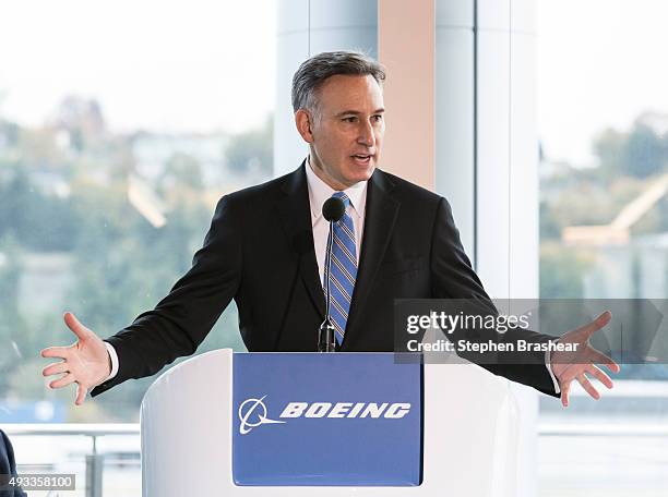 King County, Washington, Executive Dow Constantine speaks during the grand opening of the new Boeing 737 Delivery Center on October 19, 2015 in...