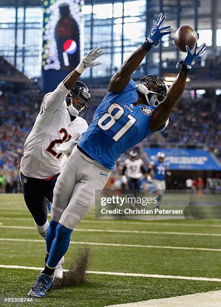 Wide receiver Calvin Johnson of the Detroit Lions is unable to catch a pass guarded by strong safety Ryan Mundy of the Chicago Bears during the first...