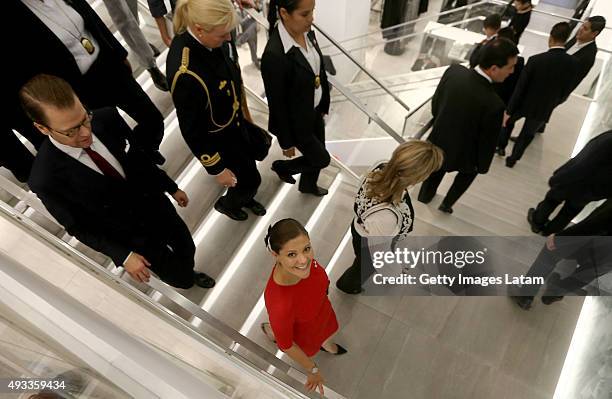 Crown Princess Victoria of Sweden smiles during a visit to H&M store at Jockey Plaza on October 19, 2015 in Lima, Peru.