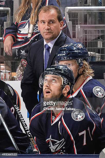 Head Coach Todd Richards of the Columbus Blue Jackets watches his team play against the Toronto Maple Leafs on October 16, 2015 at Nationwide Arena...